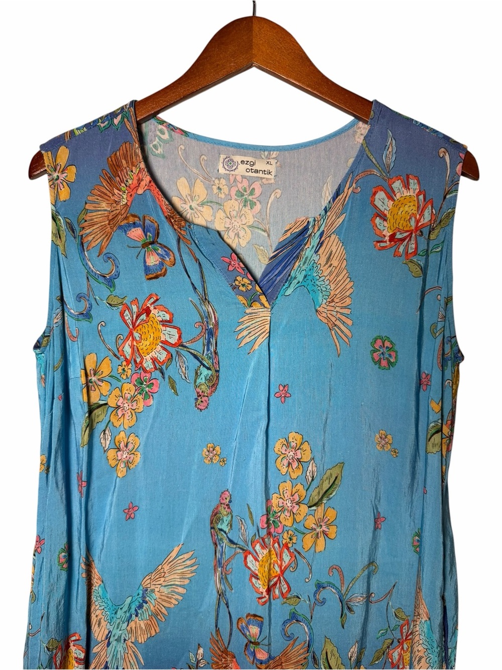 Linen Silk Bird Print Blue Ombre Boho Midi Dress XL - Picture 4 of 11